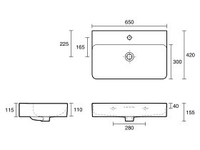 Technical Drawing - LAUFEN Val Counter/Wall Basin 650mm x 420mm 1 Taphole with Overflow