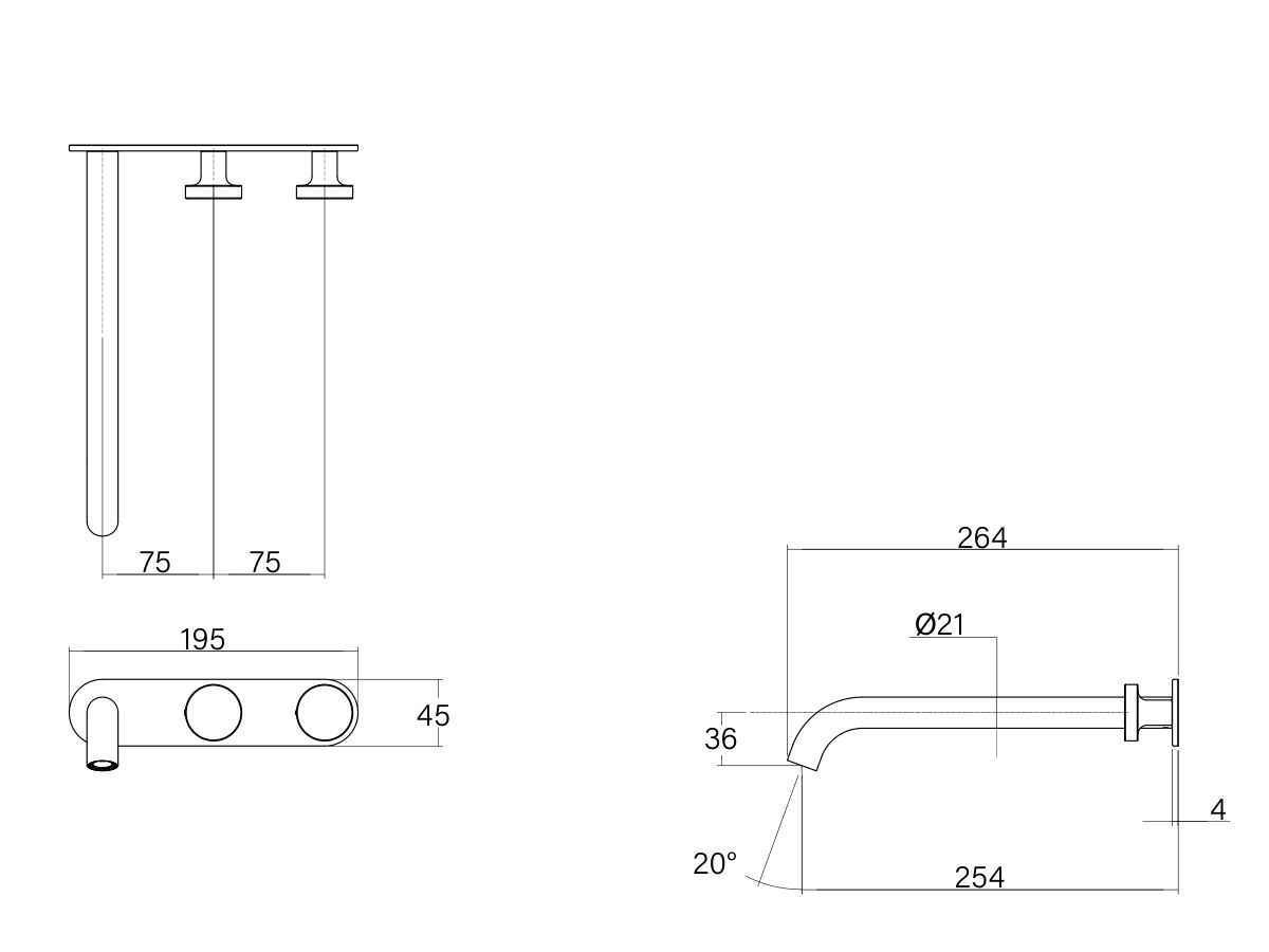 Technical Drawing - Faucet Strommen Vara Disc Wall Basin / Bath Hostess Tap System Right Hand 250mm (6 Star) Lead Free