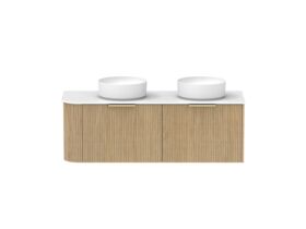Supporting Image - Kado Neue Fluted Single Curve All Drawer 1350mm Wall Hung Vanity with Double Basin Durasein 12mm Top Boston Oak