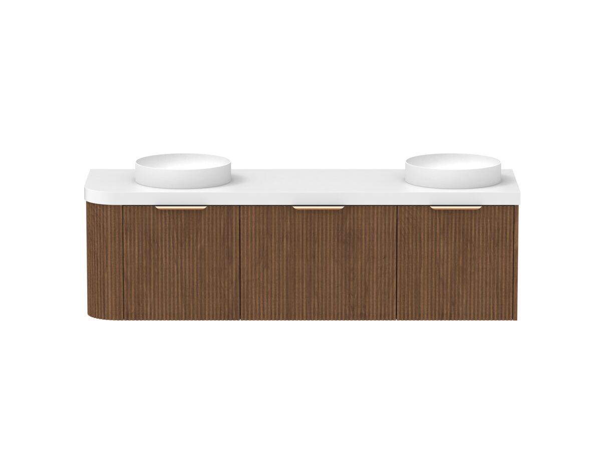 Supporting Image - Kado Neue Fluted Single Curve All Drawer 1650mm Wall Hung Vanity with Double Basin Durasein 50mm Top Florentine Walnut
