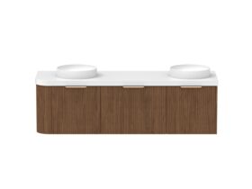 Supporting Image - Kado Neue Fluted Single Curve All Drawer 1650mm Wall Hung Vanity with Double Basin Durasein 50mm Top Florentine Walnut