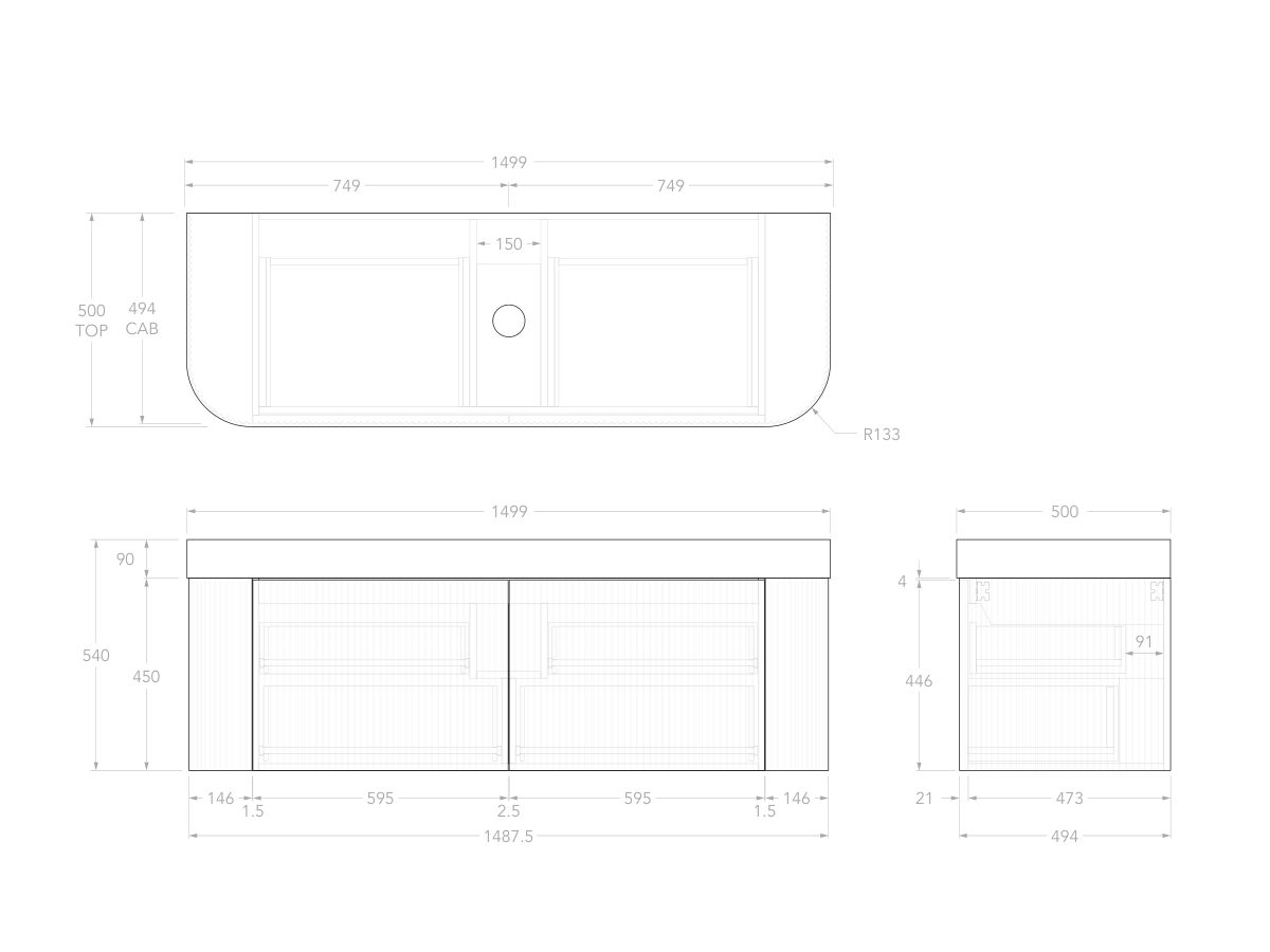 Technical Drawing - Kado Neue Fluted Double Curve All Drawer 1500mm Wall Hung Vanity with Centre Basin Durasein 90mm Top