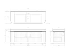 Technical Drawing - Kado Neue Fluted Double Curve All Drawer 1500mm Wall Hung Vanity with Centre Basin Durasein 90mm Top