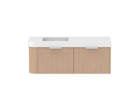 Supporting Image - Kado Neue Fluted Single Curve All Drawer 1350mm Wall Hung Vanity with Left Hand Basin Durasein 90mm Top Blonde Oak