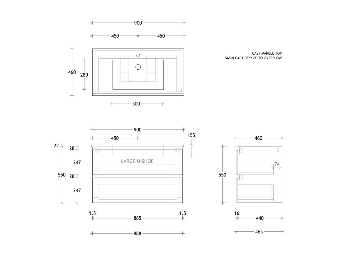 Posh Domaine All-Drawer Twin 900mm Wall Hung Vanity Cast Marble Top Centre Basin