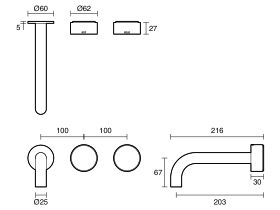 Technical Drawing - Sussex Pure Elemental Wall Basin Hostess System 200mm (3 Star) Lead Free