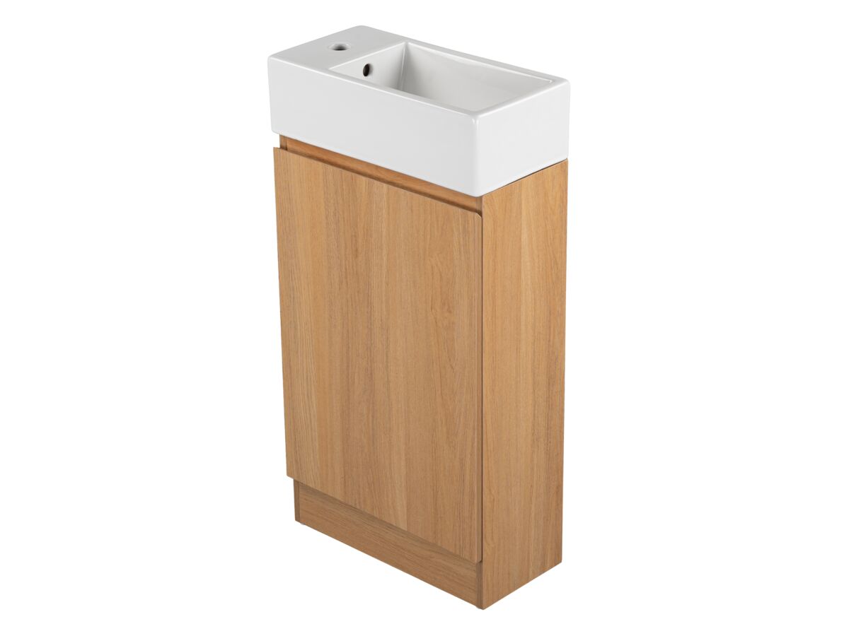 Supporting Image - Posh Solus Powder Room Vanity Unit Floor Mounted Right Hand Bowl 1 Taphole Oak Finish