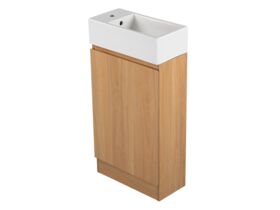Supporting Image - Posh Solus Powder Room Vanity Unit Floor Mounted Right Hand Bowl 1 Taphole Oak Finish