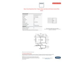 Specification Sheet - Memo Freya Single Bowl Sink 1 Taphole Right Hand Bowl with Drainer Granite White