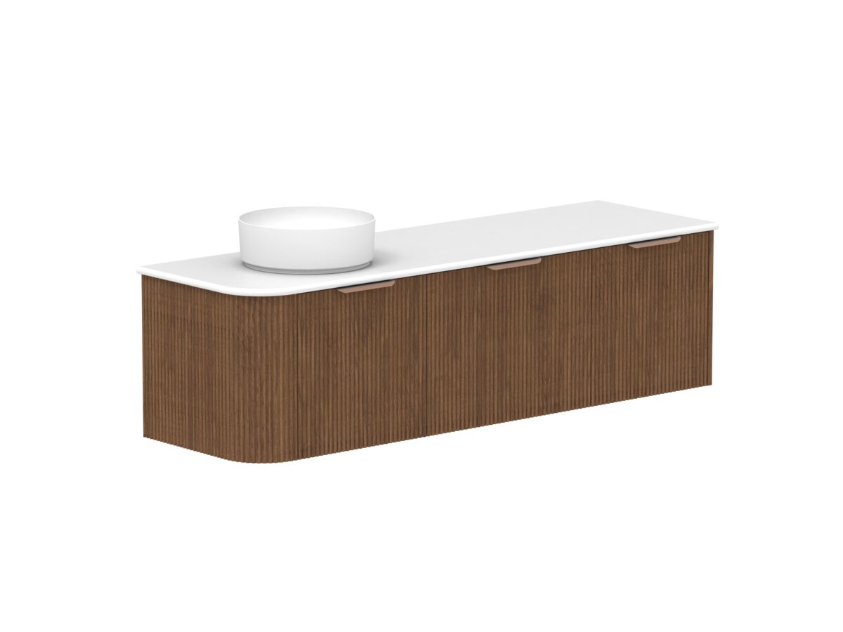 Hero - Kado Neue Fluted Single Curve All Drawer 1650mm Wall Hung Vanity with Left Hand Basin 20mm Top Florentine Walnut