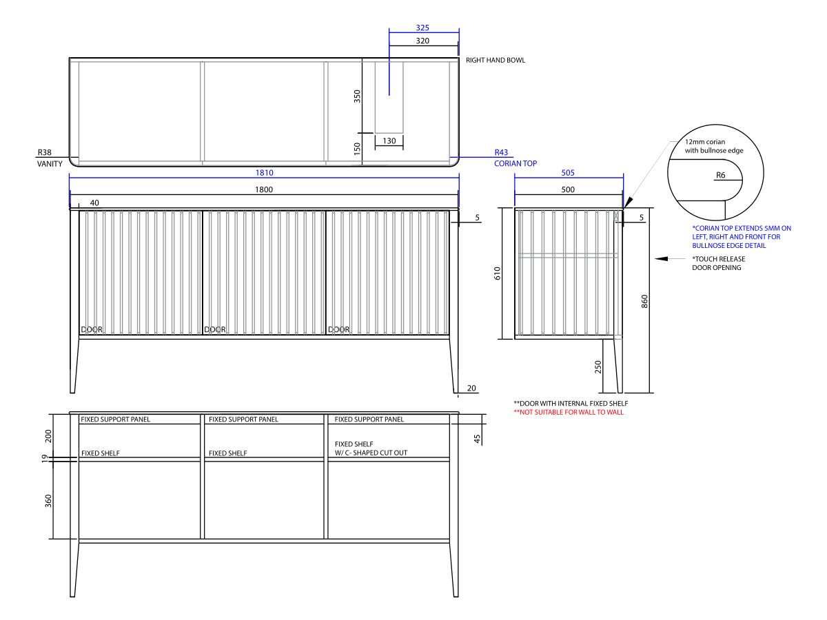 ISSY Cloud I 1800mm x 500mm x 860mm Vanity Unit with Legs 3 Touch Latch Doors Semi Inset (No Basin)