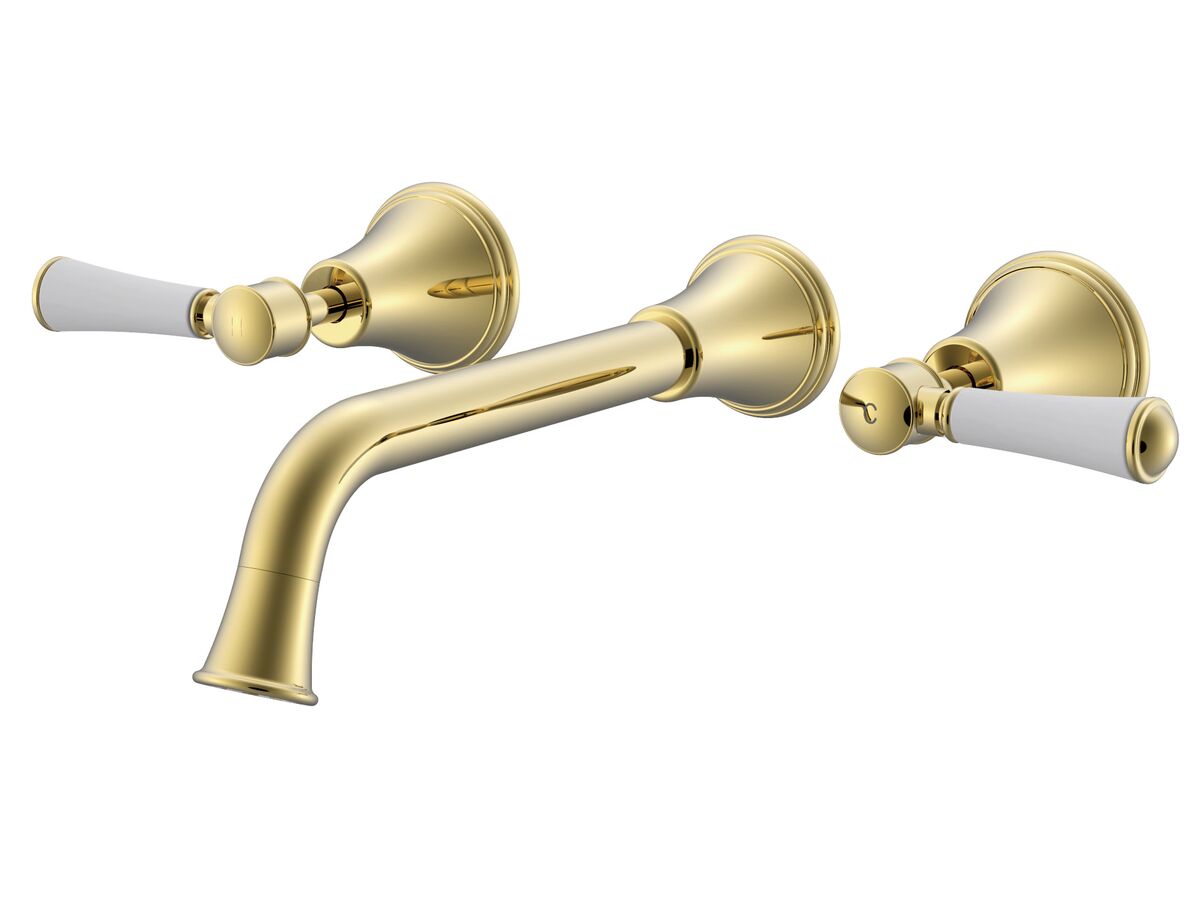 Hero - Posh Canterbury Wall Basin Set 220mm Lever Porcelain Handles Polished Brass Gold (4 Star) Lead Free