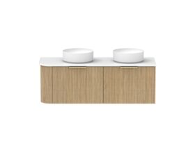 Supporting Image - Kado Neue Fluted Single Curve All Drawer 1350mm Wall Hung Vanity with Double Basin 20mm Top Boston Oak