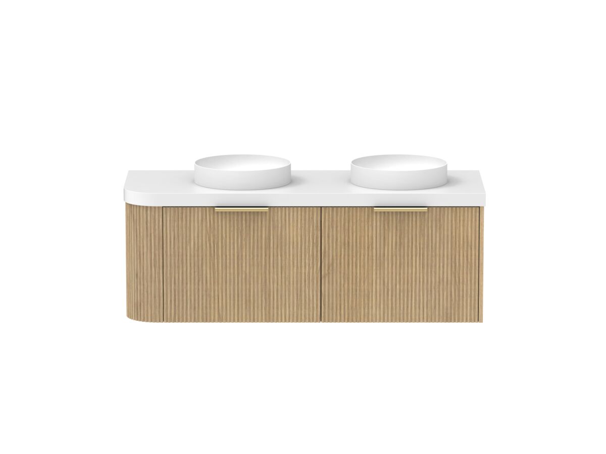 Supporting Image - Kado Neue Fluted Single Curve All Drawer 1350mm Wall Hung Vanity with Double Basin Durasein 50mm Top Boston Oak