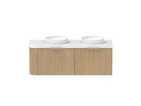 Supporting Image - Kado Neue Fluted Single Curve All Drawer 1350mm Wall Hung Vanity with Double Basin Durasein 50mm Top Boston Oak