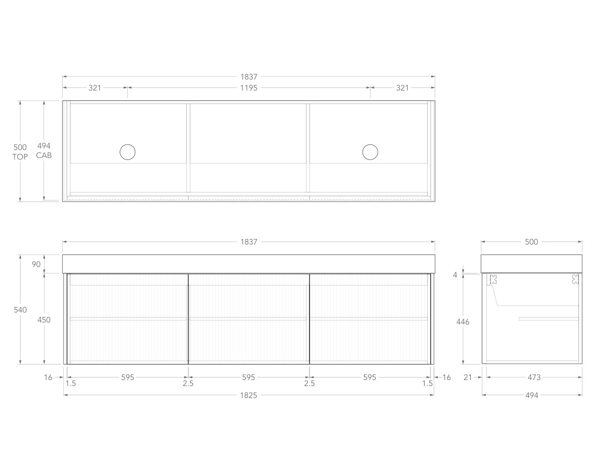 Technical Drawing - Kado Neue Fluted Square All Door 1800mm Wall Hung Vanity with Double Basin 90mm Top