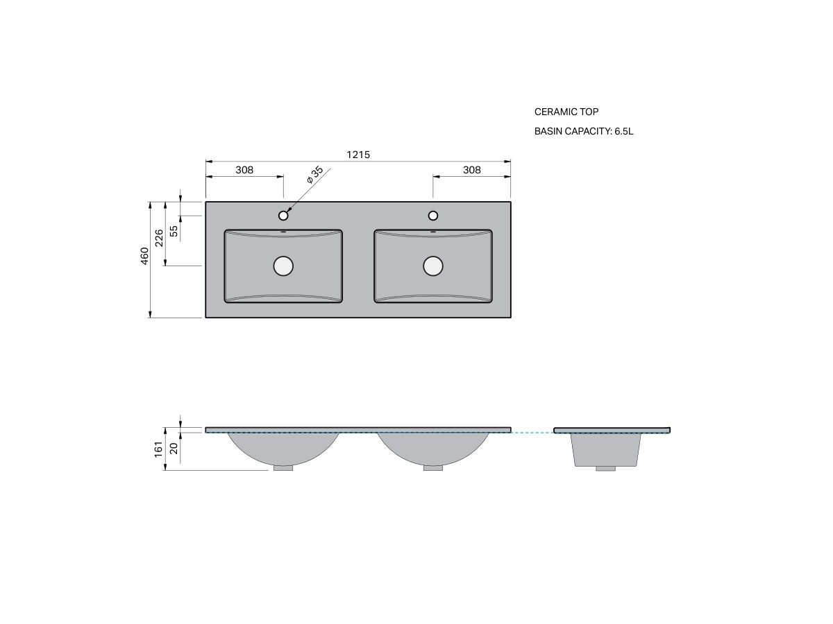 Technical Drawing - Posh Domaine Single 1200 Double Bowl Ceramic Top