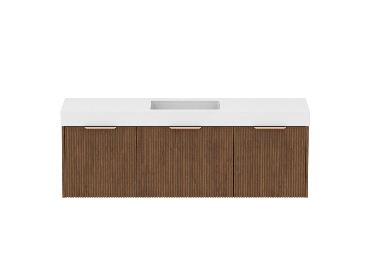 Supporting Image - Kado Neue Fluted Square All Drawer 1500mm Wall Hung Vanity with Centre Basin 90mm Top Florentine Walnut