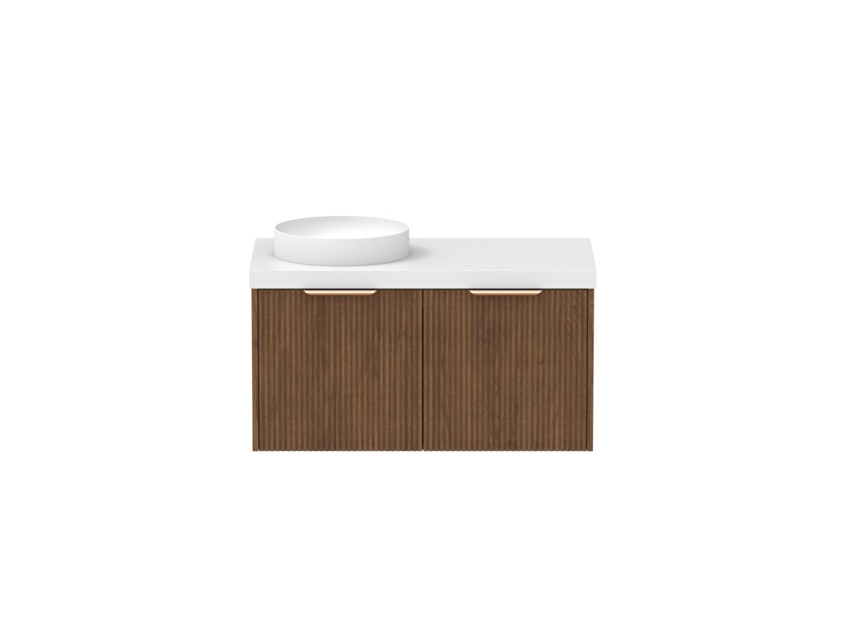 Supporting Image - Kado Neue Fluted Square 900mm Wall Hung Vanity with Left Basin 50mm Top Florentine Walnut