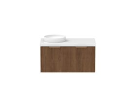 Supporting Image - Kado Neue Fluted Square 900mm Wall Hung Vanity with Left Basin 50mm Top Florentine Walnut