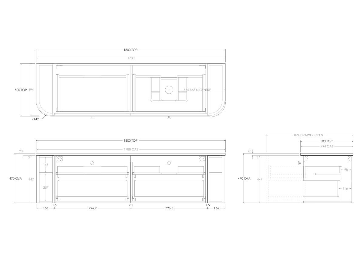Technical Drawing - Kado Era Double Curve All Drawer 1800mm Wall Hung Vanity with Right Hand Basin 20mm Top