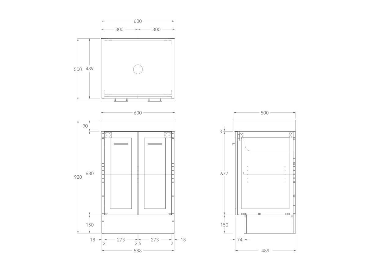 Kado Lux Door Vanity Unit 600 Floor Mount Centre Bowl Statement Top 2 Doors (No Basin)