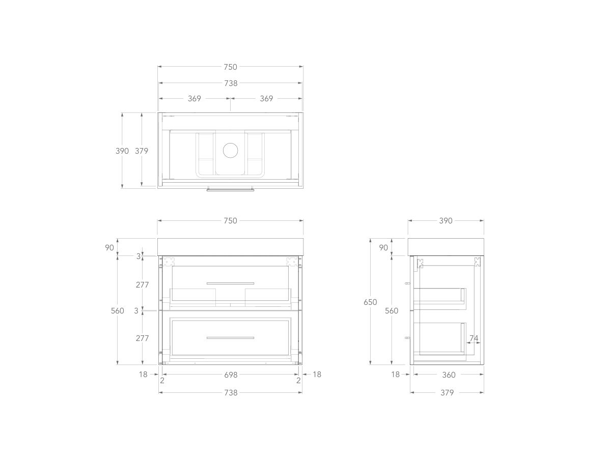 Technical Drawing - Kado Lux Ensuite All Drawer Twin 750mm Wall Hung Centre Basin 90mm Top