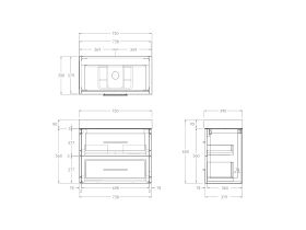 Technical Drawing - Kado Lux Ensuite All Drawer Twin 750mm Wall Hung Centre Basin 90mm Top