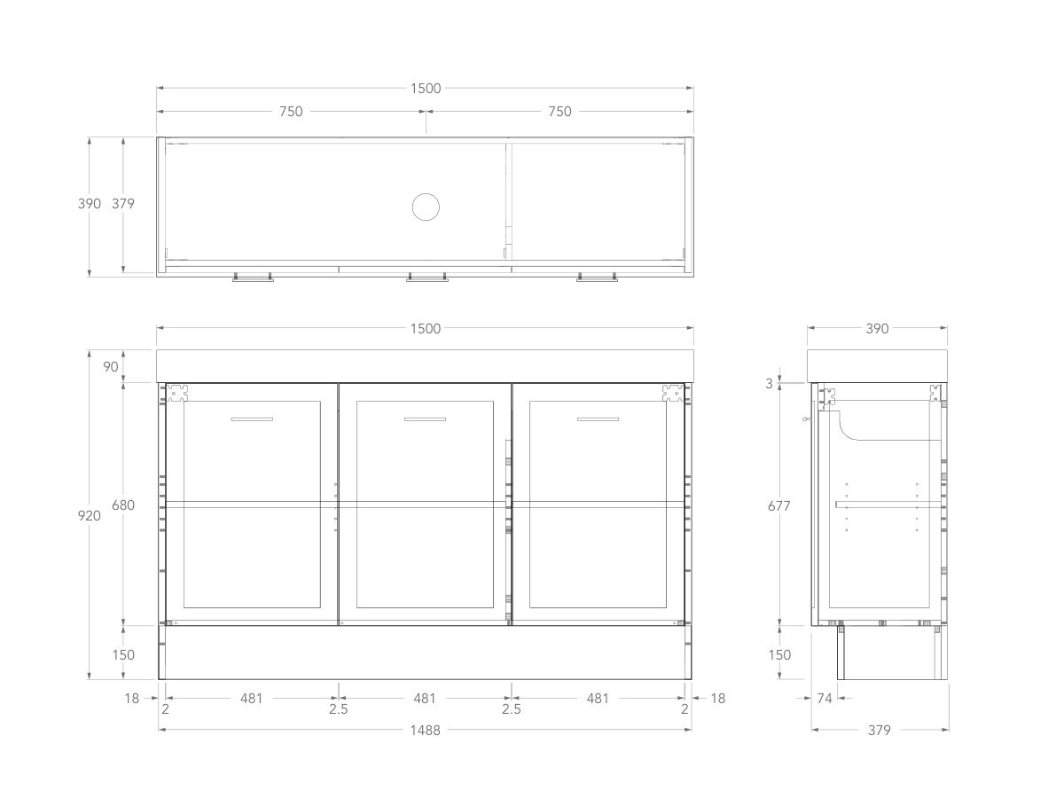 Technical Drawing - Kado Lux Ensuite All Door 1500mm Floor Mount Centre Basin 90mm Top
