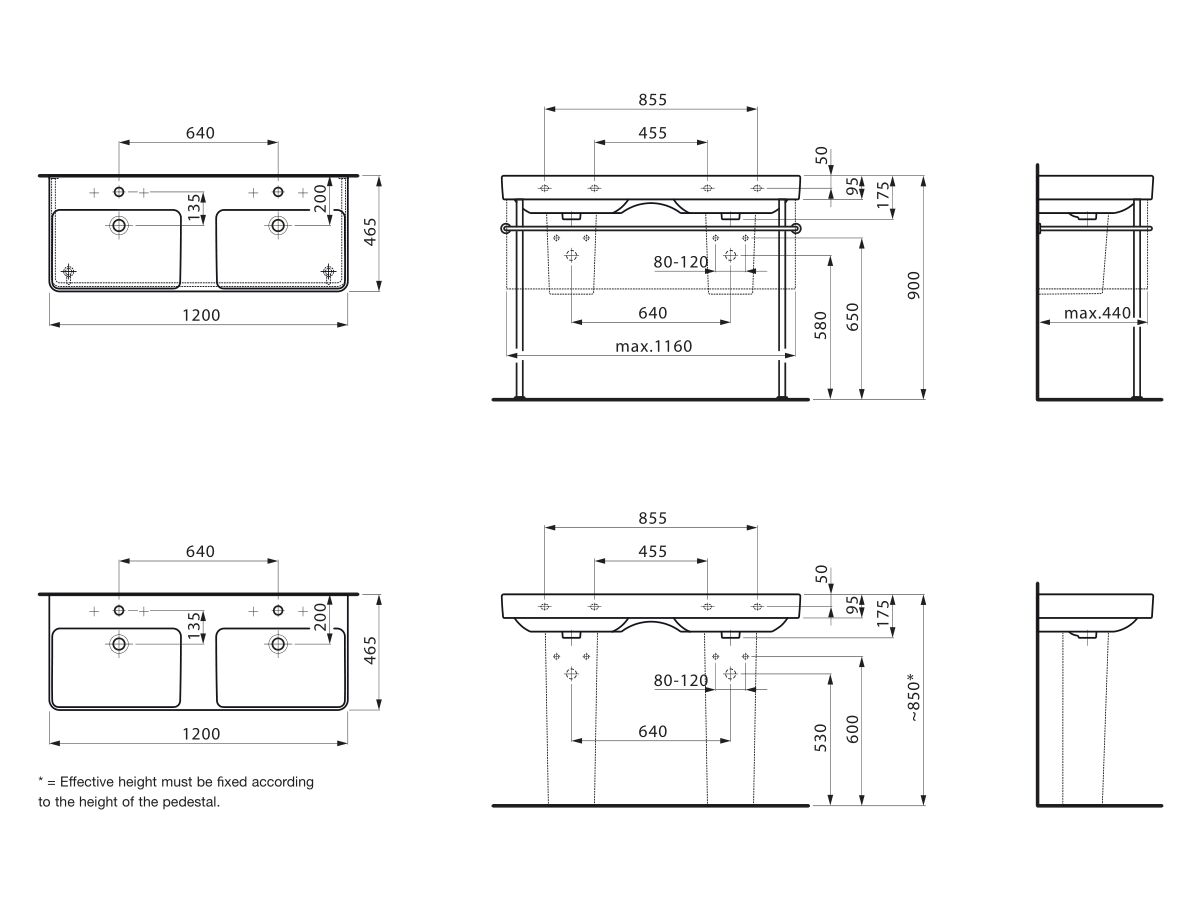 LAUFEN Pro S Double Wall Basin 2 Tap Hole with Overflow 1200x465 White