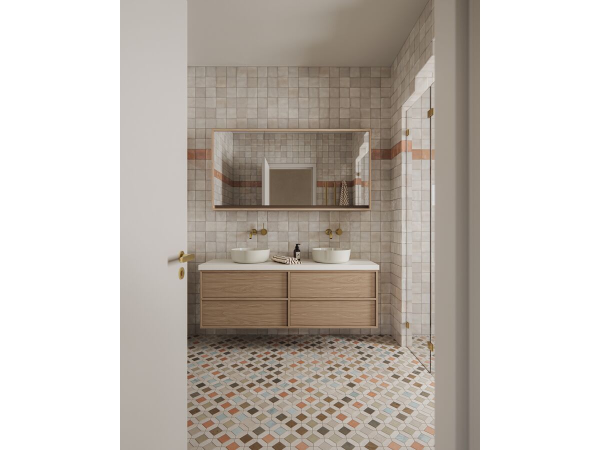 In Situ - Sussex Brushed Gold Bathroom with Kado Aspect Furniture and Robert Gordon Basin - Front On