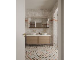 In Situ - Sussex Brushed Gold Bathroom with Kado Aspect Furniture and Robert Gordon Basin - Front On