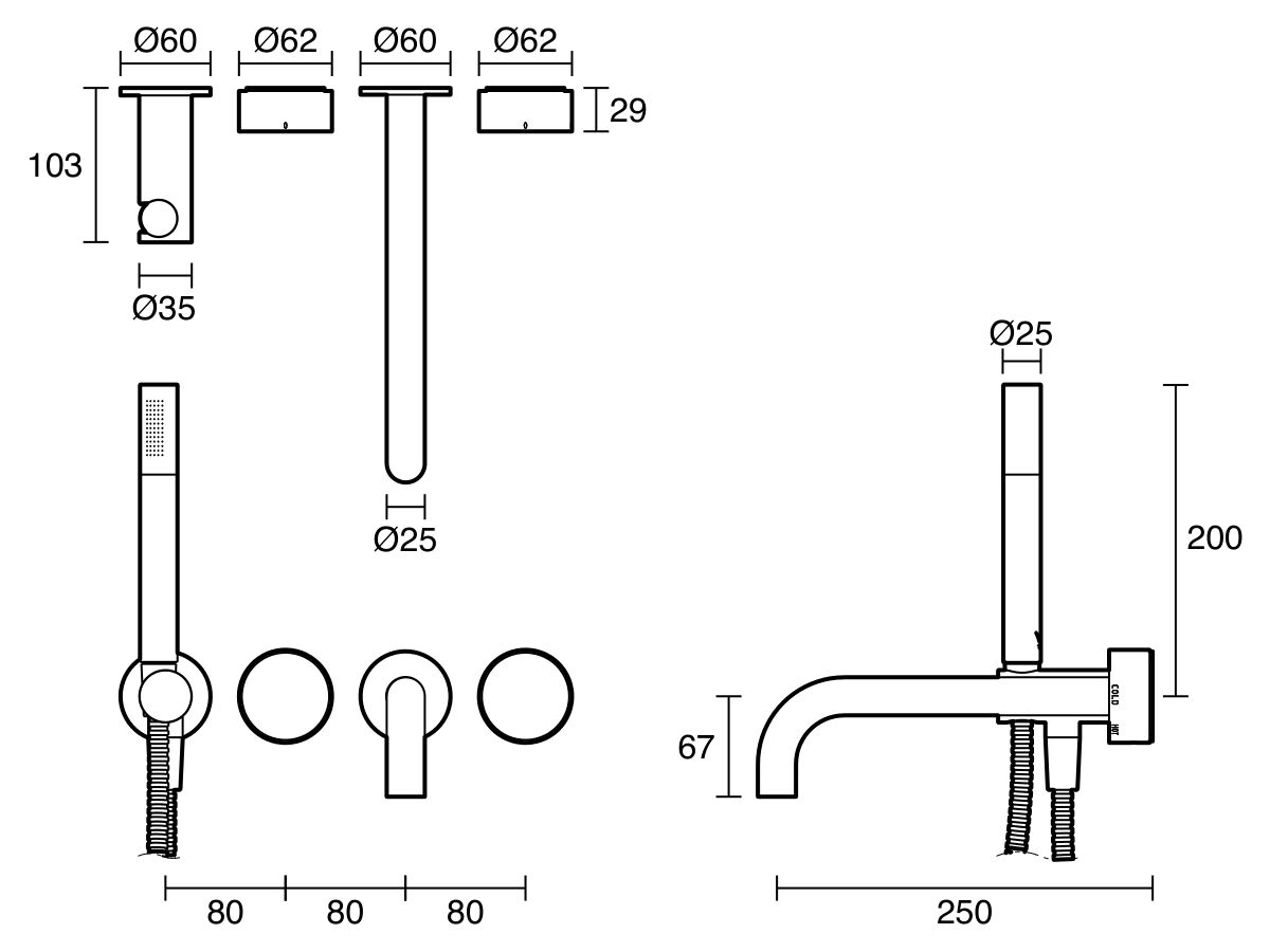Technical Drawing - Sussex Pure Elemental Progressive Bath Mixer System with Handshower 250mm