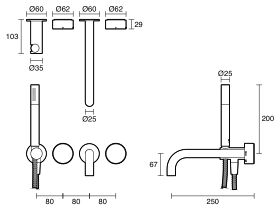Technical Drawing - Sussex Pure Elemental Progressive Bath Mixer System with Handshower 250mm