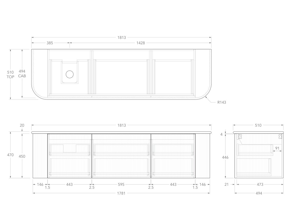 Technical Drawing - Kado Neue Fluted Double Curve All Drawer 1800 Wall Hung Vanity with Left Hand Basin 20mm