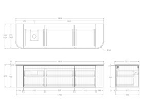 Technical Drawing - Kado Neue Fluted Double Curve All Drawer 1800 Wall Hung Vanity with Left Hand Basin 20mm