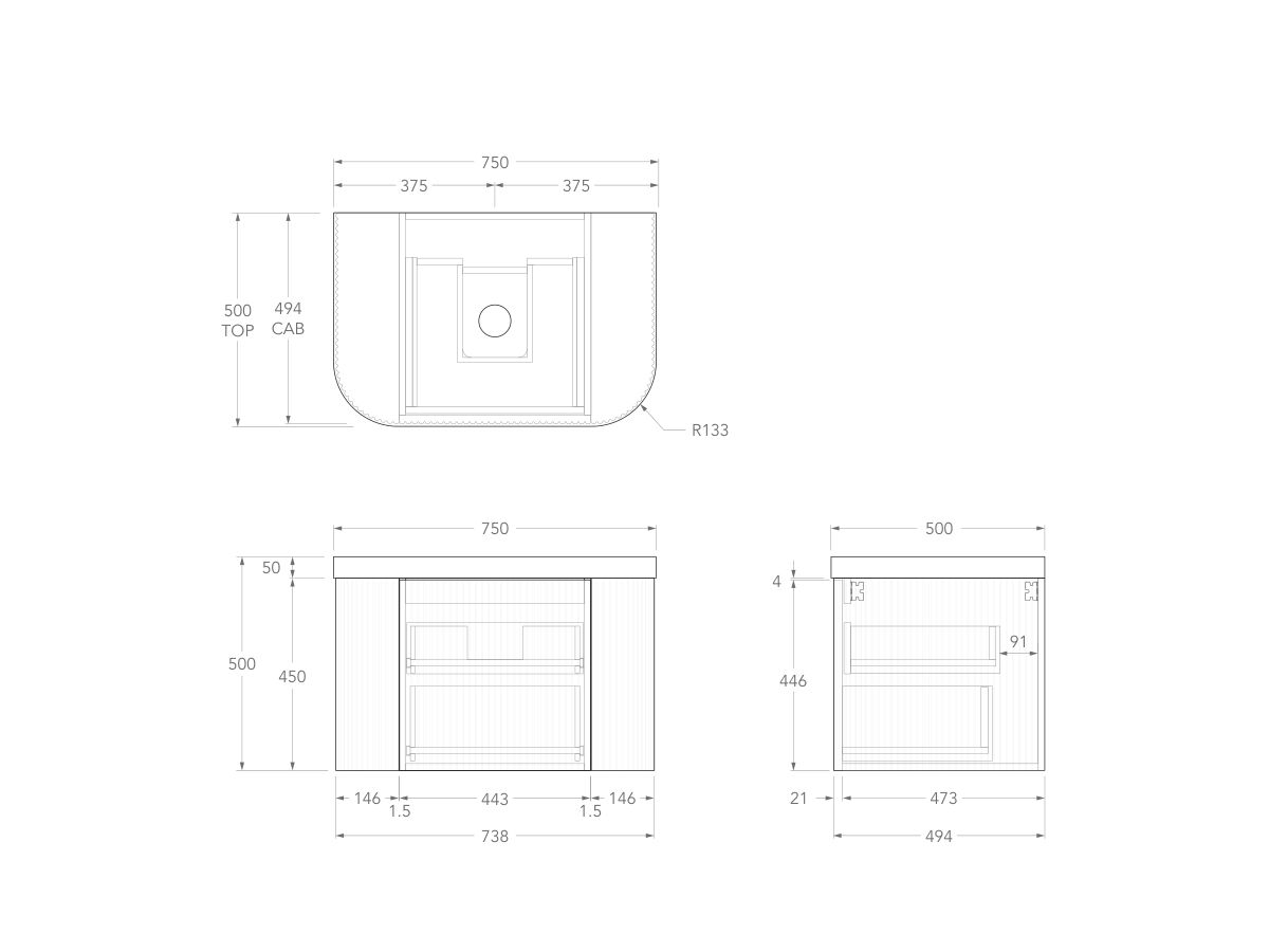 Technical Drawing - Kado Neue Fluted Double Curve All Drawer 750mm Wall Hung Vanity with Centre Basin Durasein 50mm Top