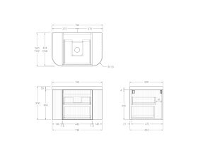 Technical Drawing - Kado Neue Fluted Double Curve All Drawer 750mm Wall Hung Vanity with Centre Basin Durasein 50mm Top