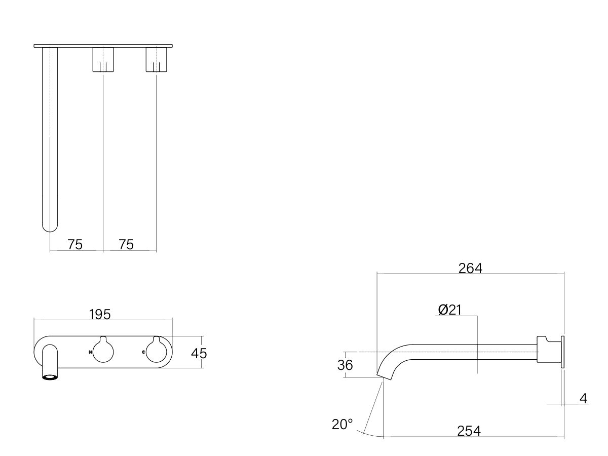 Technical Drawing - Faucet Strommen Vara Fin Wall Basin / Bath Hostess Tap System Right Hand 250mm (6 Star) Lead Free