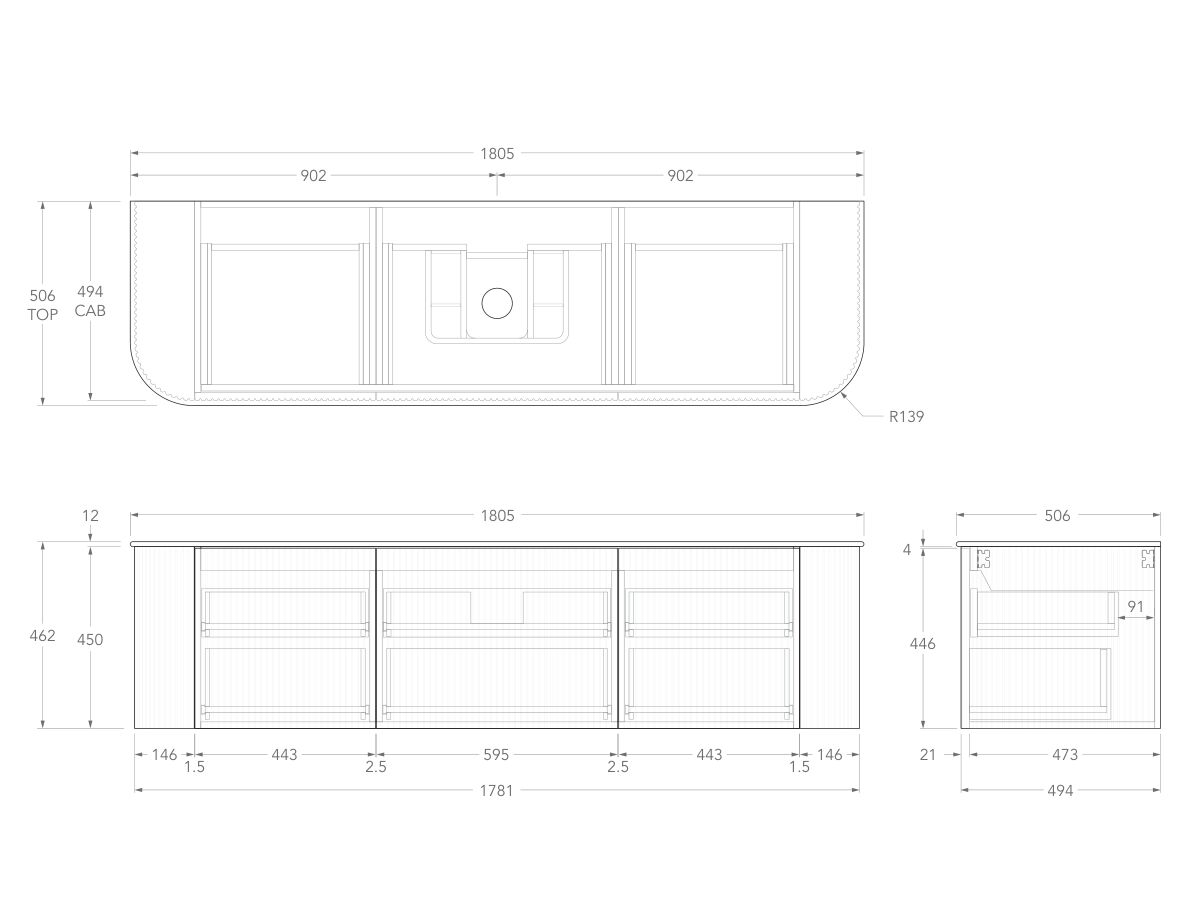 Technical Drawing - Kado Neue Fluted Double Curve All Drawer 1800 Wall Hung Vanity with Centre Basin Durasein 12mm Top