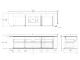 Technical Drawing - Kado Neue Fluted Double Curve All Drawer 1800 Wall Hung Vanity with Centre Basin Durasein 12mm Top