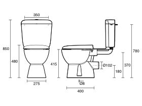 Technical Drawing - Posh Solus Plastic Link Toilet Suite with Concealed P-Trap Soft Close Seat White (4 Star)