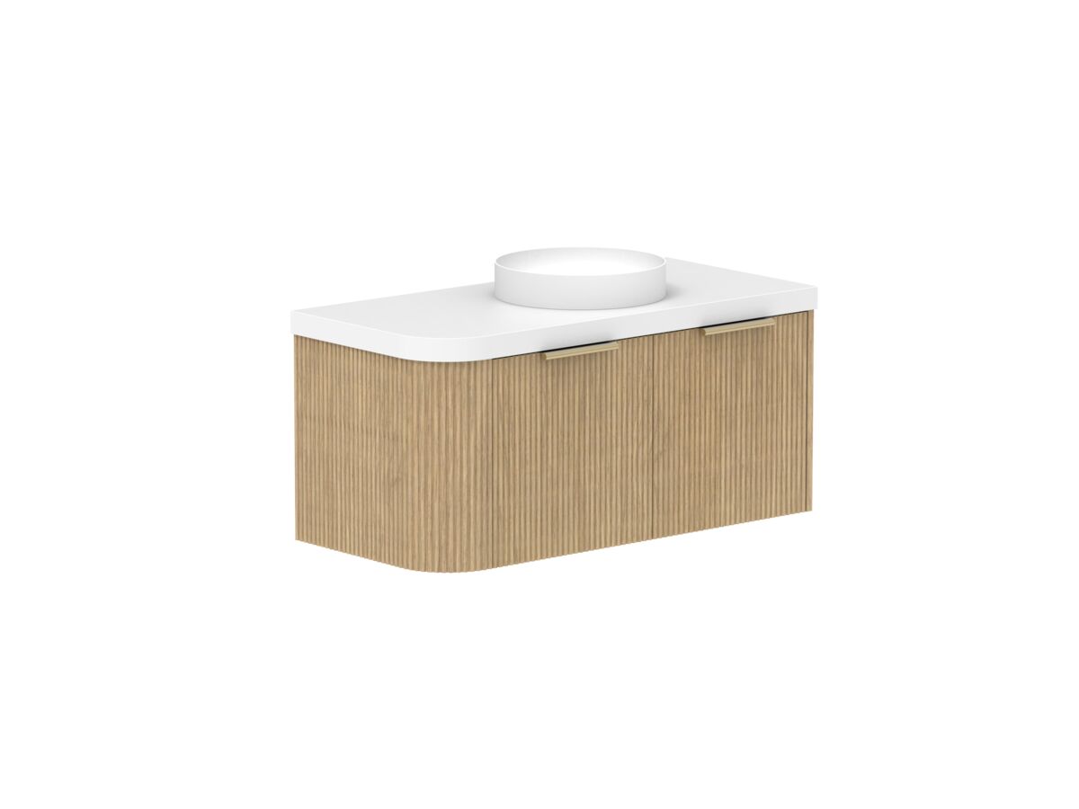 Supporting Image 2- Kado Neue Fluted Single Curve All Drawer 1050mm Wall Hung Vanity with Centre Basin Durasein 50mm Top Boston Oak
