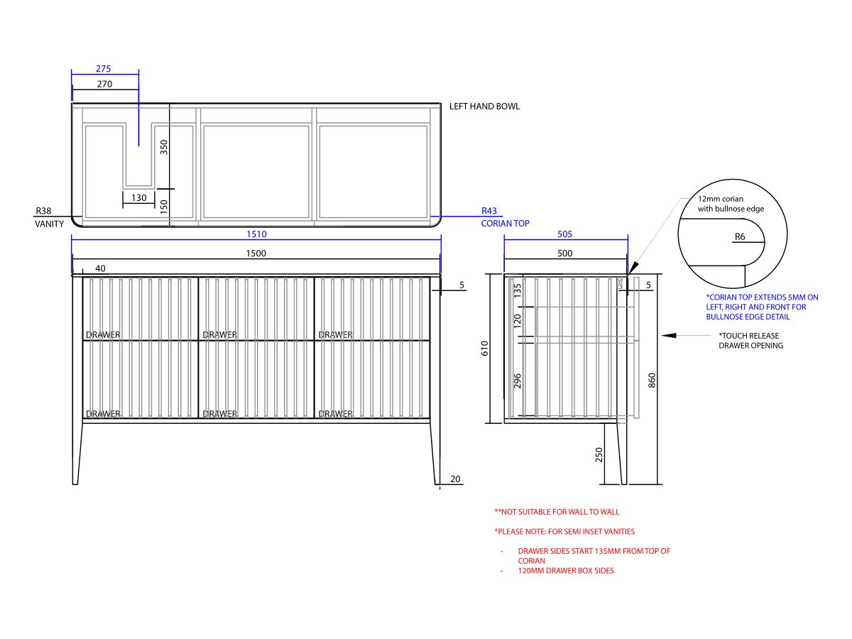 ISSY Cloud II 1500mm x 500mm x 860mm Vanity Unit with Legs 6 Touch Latch Drawers Semi Inset (No Basin)
