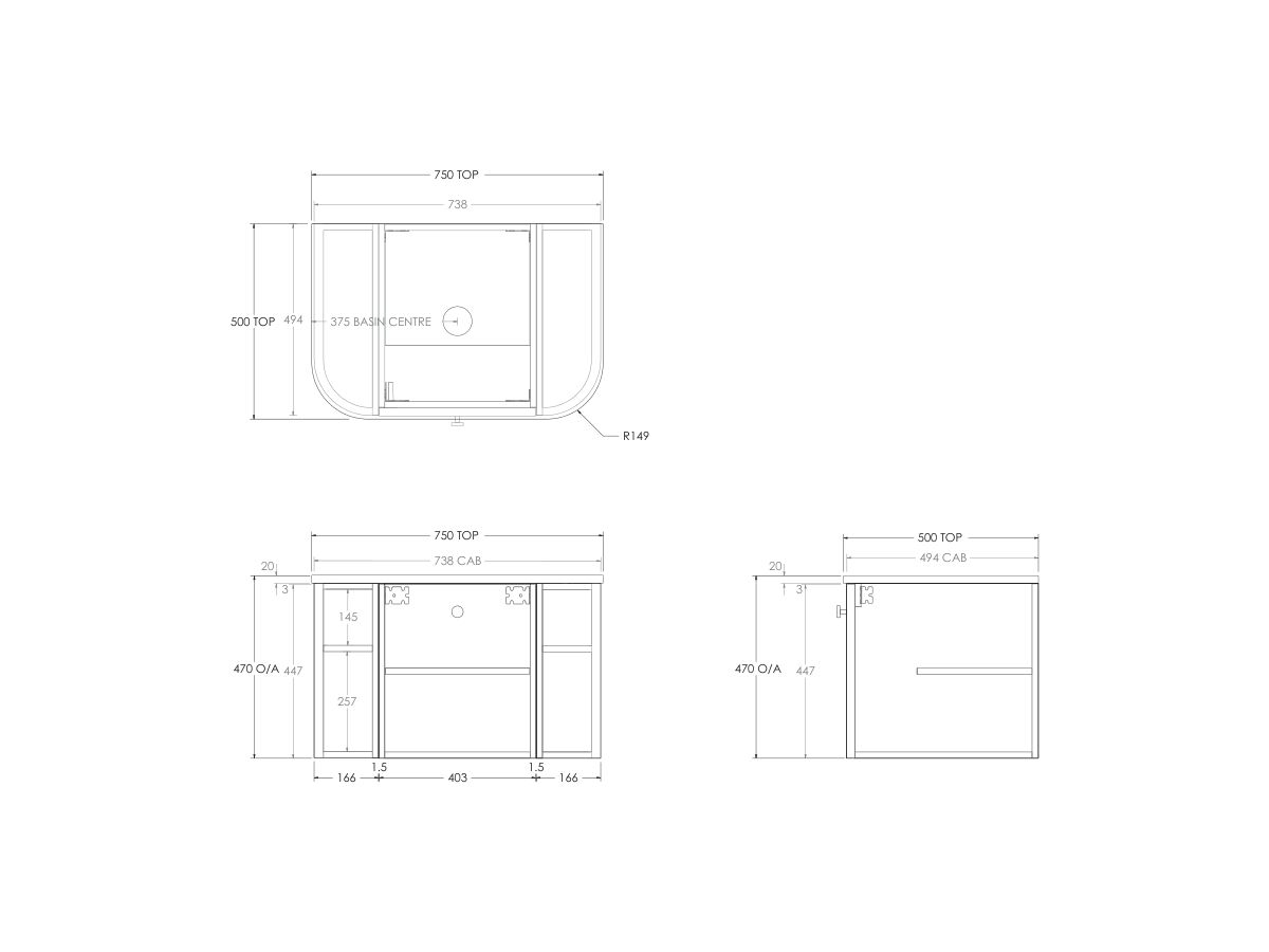 Technical Drawing - Kado Era Double Curve All Door 750mm Wall Hung Vanity with Centre Basin 20mm Top