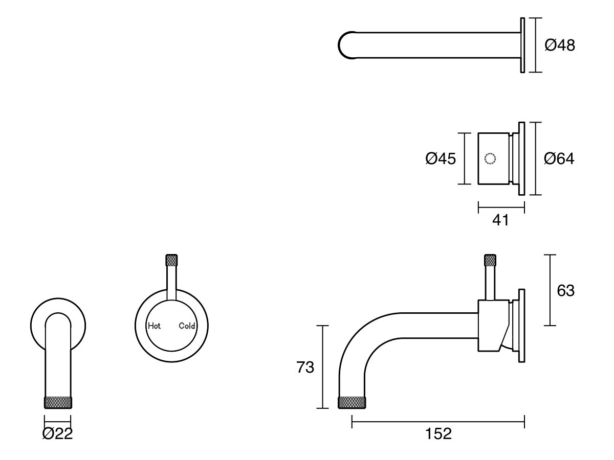 Technical Drawing - Sussex Scala Nova Wall Basin/Bath Mixer System 150mm (5 Star) Lead Free