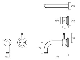 Technical Drawing - Sussex Scala Nova Wall Basin/Bath Mixer System 150mm (5 Star) Lead Free