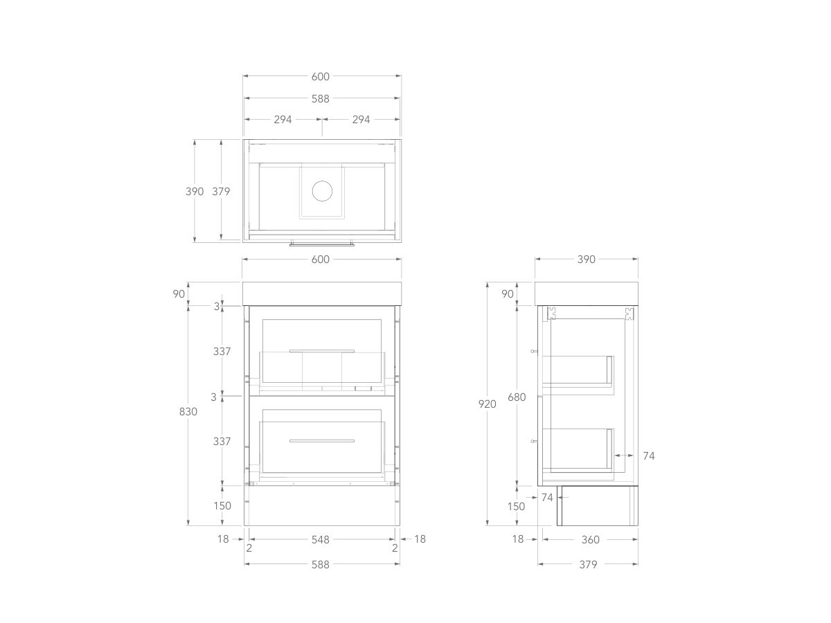 Technical Drawing - Kado Lux Ensuite All Drawer Twin 600mm Floor Mount Centre Basin 90mm Top