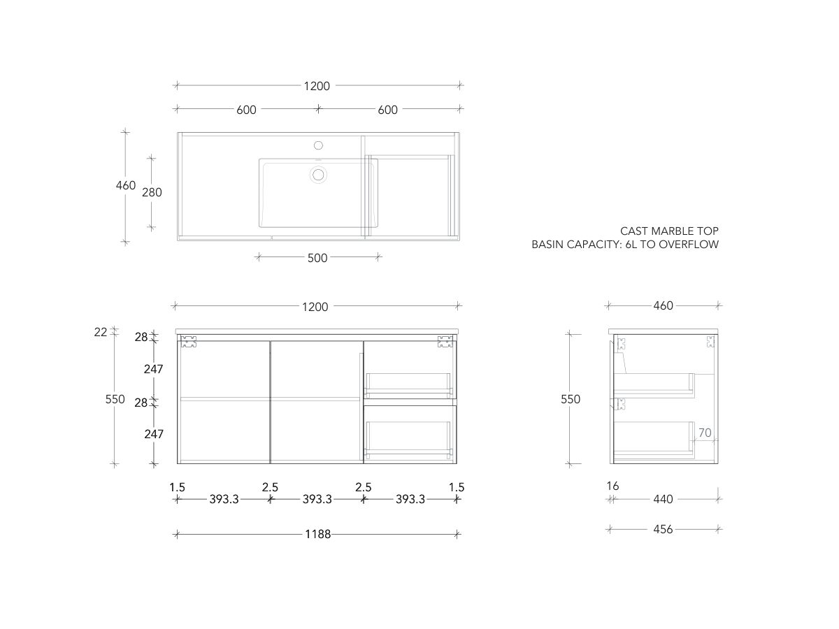 Posh Domaine Conventional 1200mm Single Bowl Wall Hung Vanity Cast Marble Top Centre Basin