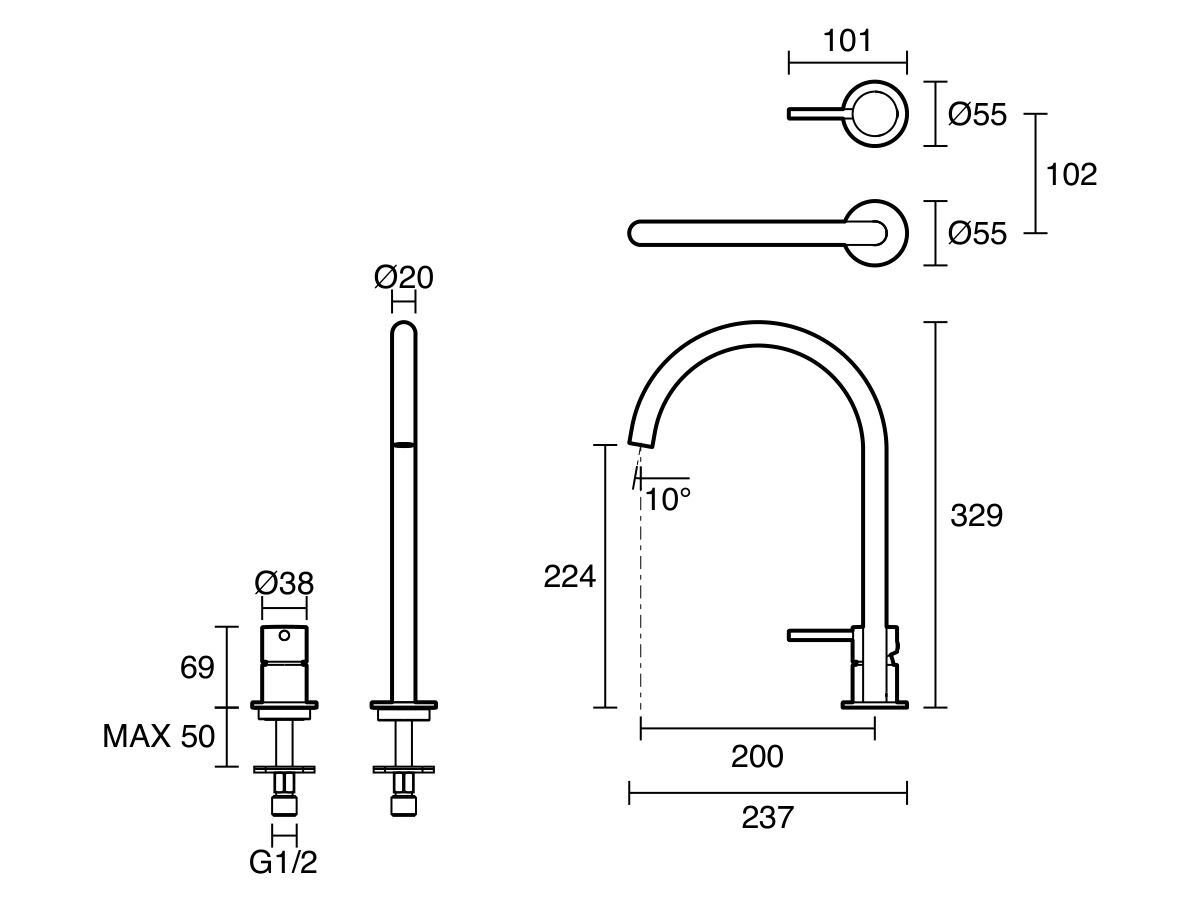 Technical Drawing - Mizu Drift Extended Height Hob Mixer Set (5/6 Star) Lead Free